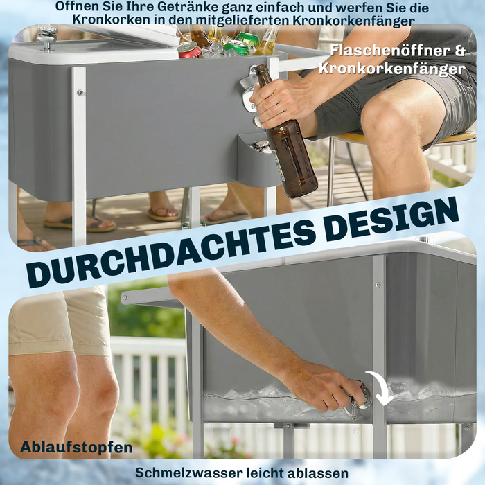 Мобільний сервірувальний візок-холодильник з колесами, 56 л, з відкривачкою для пляшок, нижньою полицею та ручкою, сірий колір