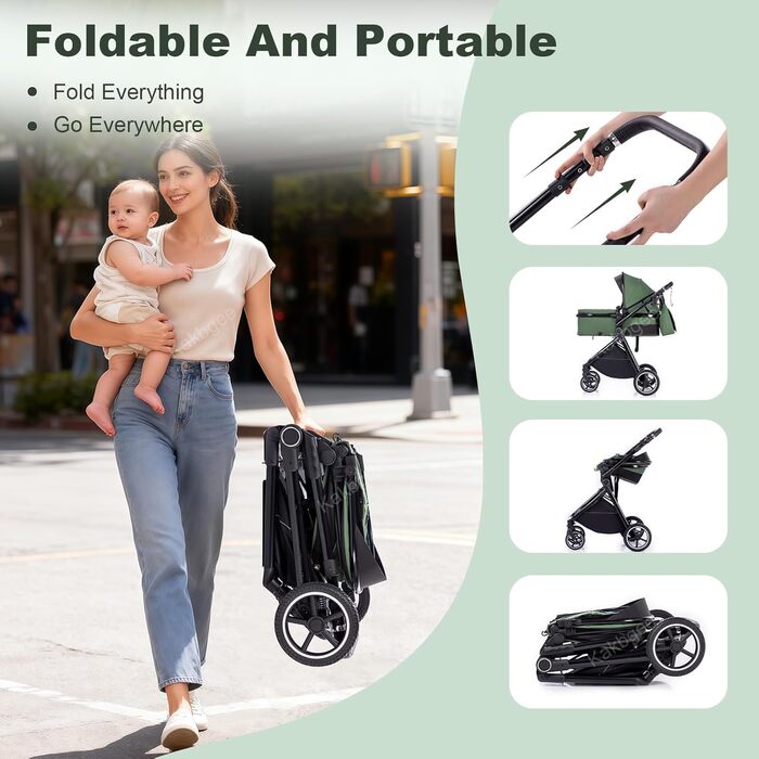 Дитяча коляска 3-в-1 | Комбінована коляска з автокріслом | Візок з регульованою ручкою | Алюмінієвий каркас | Москітна сітка | для новонароджених 0-4 роки, Зелений