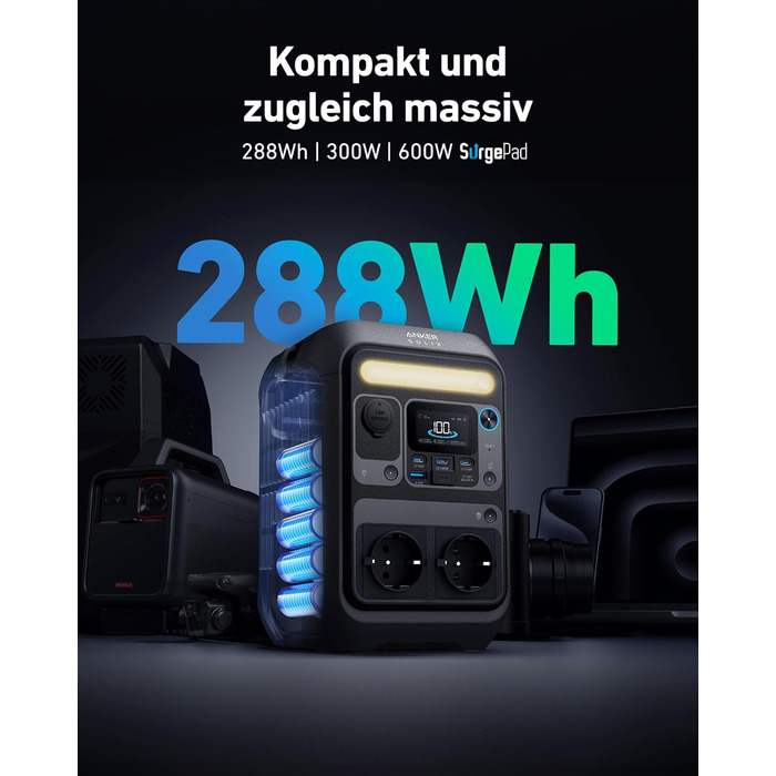 Портативна електростанція Anker SOLIX C300X: 288Wh LiFePO4, 300W (600W max), для кемпінгу та подорожей