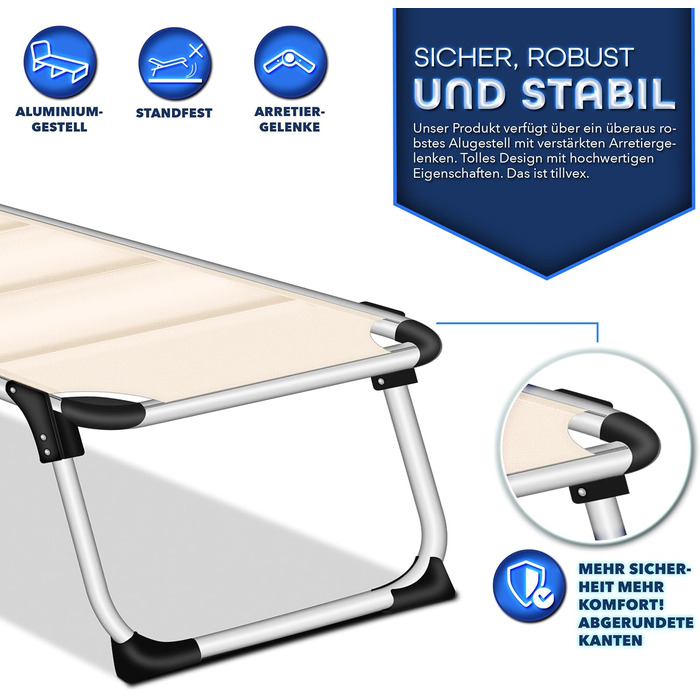 Сонячне ліжко Tillvex® з дахом та подушкою для голови | Садова лежанка, розкладний шезлонг | Пляжний лежак з регульованою спинкою | Алюмінієве ліжко (ліжко з преміум-подушкою, бежеве)