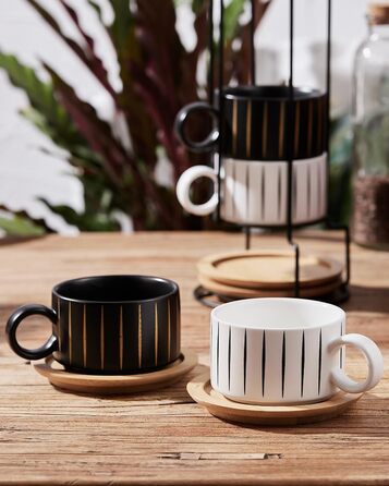 Набір кавових чашок Cappuccino HOME DECOR (4 шт, 160 мл) з підставками та стійкою - 160 мл, Stripe, кераміка