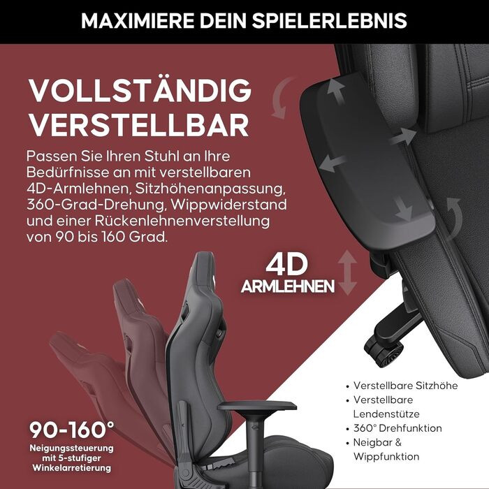 Крісло ігрове Anda Seat Kaiser 2 XL Schwarz Leder - ергономічне, з регульованими підлокітниками та подушками для голови та попереку, для дому та офісу