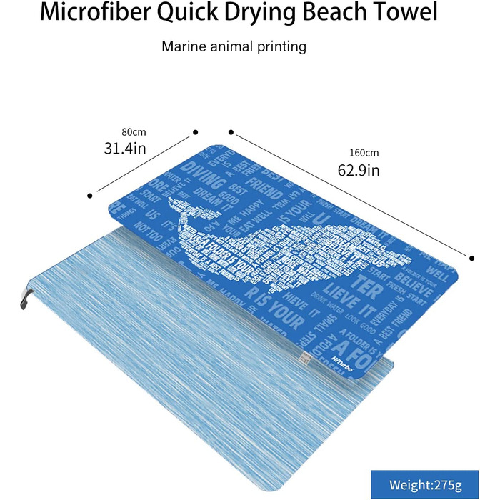 Швидкий сухий пляжний рушник з мікрофібри Hiturbo з чохлом для перенесення, рушником під тиском, рушником без піску, рушником з супер-абсорбентом (синій / дельфіновий)