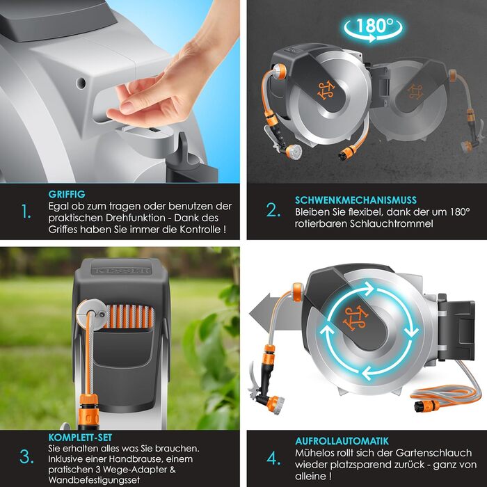 Шланг для саду KESSER® з автоматичним підйомом | Шланг для поливу 25м з насадкою 7-в-1 | Настінна шланг-бокс | Колір сірий
