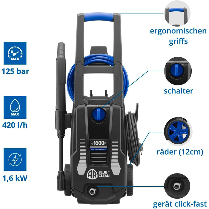 AR Blue Clean мийка високого тиску e-4 TWINFLOW D з Dualtech System та Power Brush (2500 Вт, 810 л/год) (125 бар - 420 л/год) з насадкою для миття поверхонь та щіткою