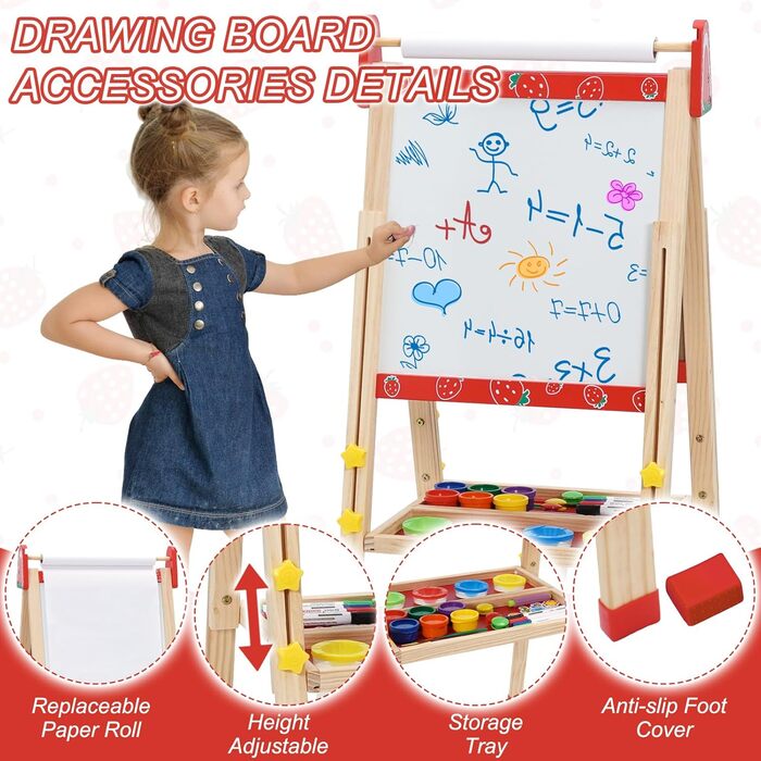 Дитяча мольберт Kinder Staffelei 3 в 1: регульована висота, подвійний бік, з рулоном паперу, 100+ аксесуарів для малювання, для дітей 3-8 років (червоний)