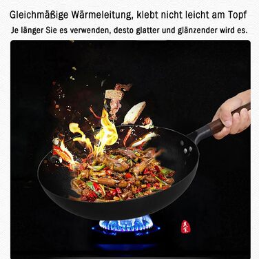 LIYGAOF Вок з кришкою 32 см з чавуну: Вок для всіх типів плит, кована чавунна сковорода, без хімічного покриття, легко миється