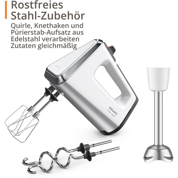 Міксер ручний Krups 3 Mix 9000, 750 Вт, білий/сріблястий (GN9121) - з насадками для збивання, тіста та пюре