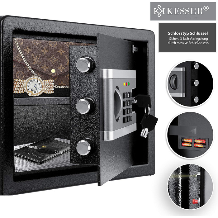 Електронний сейф KESSER® | 38x30x30 см | Вбудована батарея | Сейф з цифровим замком | 3-х рівнева замикаюча система | Настінний/підлоговий сейф | Сейф для дому | Внутрішнє освітлення | Чорний |