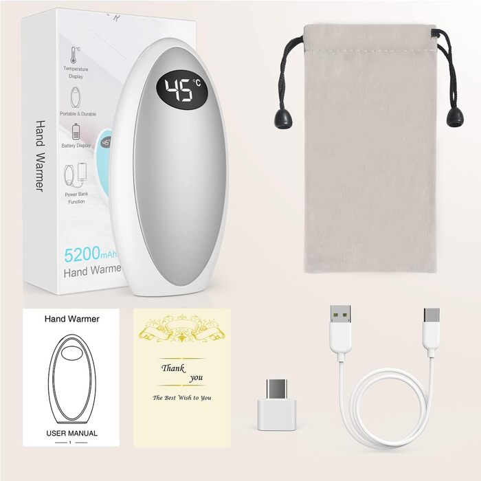 Електричний грілка для рук Powerbank 5200mAh, USB, для кемпінгу, катання на лижах, подарунок на зиму (срібний)