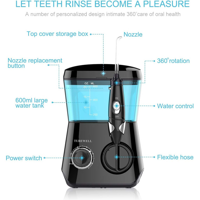 Електричний іригатор TUREWELL для ротової порожнини з 10 рівнями тиску та 8 насадками, IPX7, 600 мл, чорний