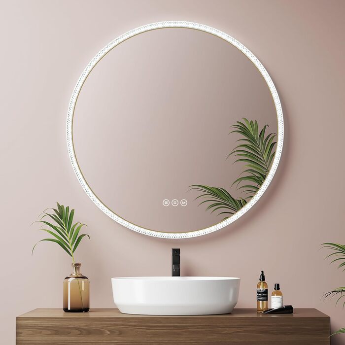 Дзеркало для ванної кімнати EMKE з підсвічуванням, 80 см, 3 кольори світла, регулювання яскравості, антизапар, сенсорне управління, функція пам'яті, енергозбереження, кругле, золотий фрейм (60x60 см)