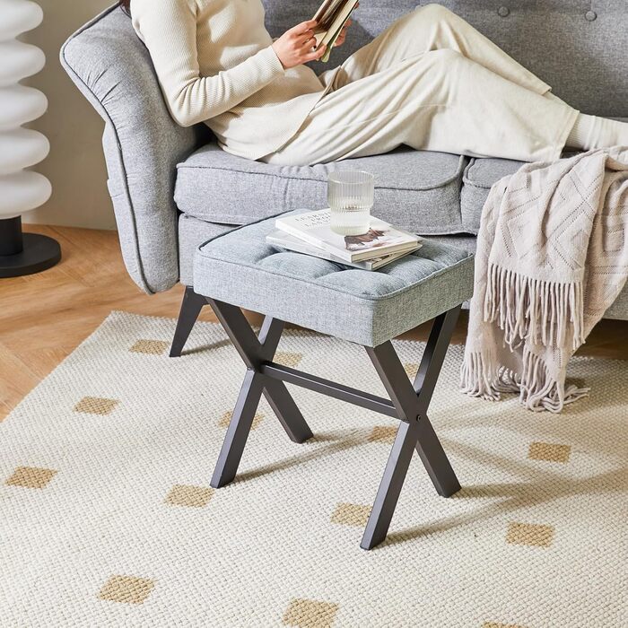 Пуф-табуретка IBUYKE з X-подібними ніжками та підставкою для ніг, тканина льон, сірий блакитний колір, для спальні, вітальні, як приліжкові столики