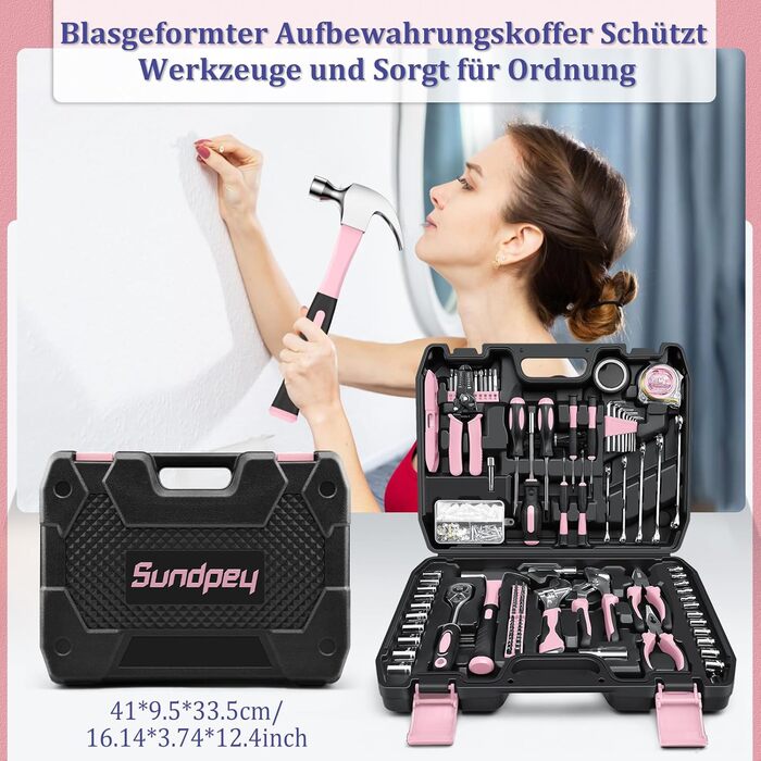 Набір інструментів Sundpey 281 предметів в кейсі рожевого кольору: набір гайкових ключів, викруток, шестигранників, плоскогубців