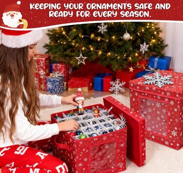 Коробка для зберігання новорічних прикрас з 166 відділеннями, 31x31x30 см, червона, з сніжинками