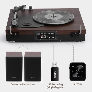 Вініловий програвач з зовнішніми стерео динаміками, Bluetooth Hi-Fi, вінтажний дизайн