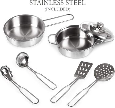 Дерев'яна дитяча кухня Kinderplay з LED та звуками приготування їжі, регульована висота 92–107 см, ігровий набір для дітей від 3 років, повний комплект з аксесуарами, світло-сірий колір (Vintage - White)