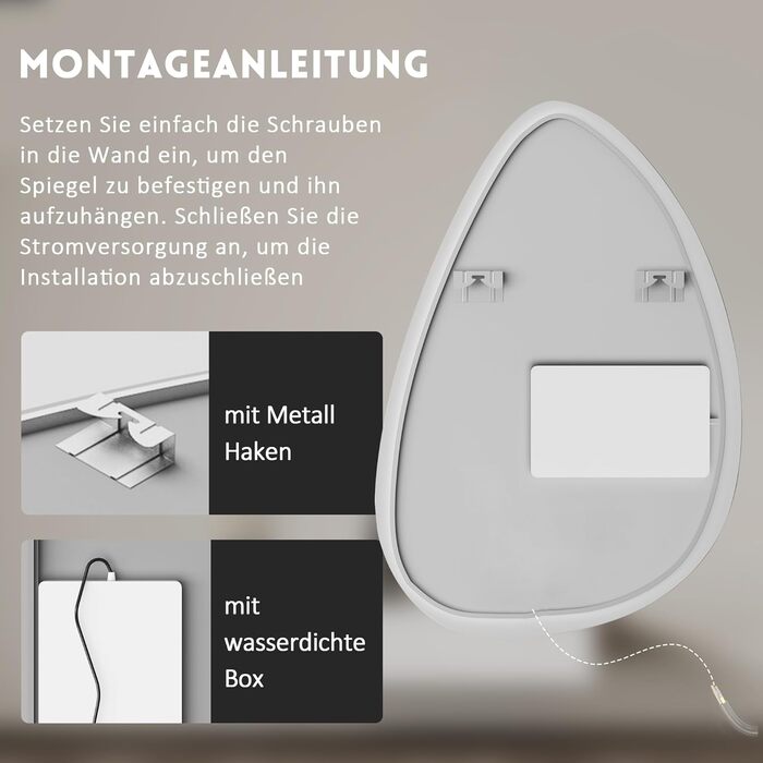 Дзеркало для ванної кімнати Badspiegel 70x50см з підсвічуванням 3 кольори, сенсорний вимикач, прямокутне, для ванної/вітальні, енергоклас A++ (65 x 90 см)