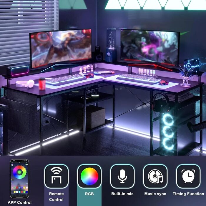 Ігровий кутовий стіл L-подібний з LED-підсвічуванням та розетками, 140x140 см, реверсивний комп'ютерний стіл з підставкою для монітора, 4 полиці та бокові кишені для дому та офісу (Чорний, 140x140x85 см)