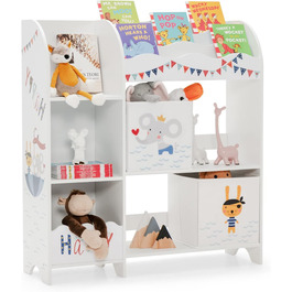 Окремо стояча дитяча шафа COSTWAY, 3-ярусна дитяча полиця, органайзер для іграшок для малюків з 5 відділеннями та 2 ящиками для зберігання та 3 полицями для іграшок та книг (Animal Pirate)