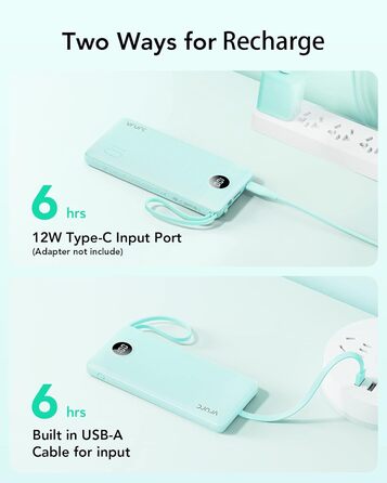 Повербанк VRURC 10000mAh з кабелем, LED-дисплей, 5 виходів, 2 входи, USB C, зелений, для смартфонів