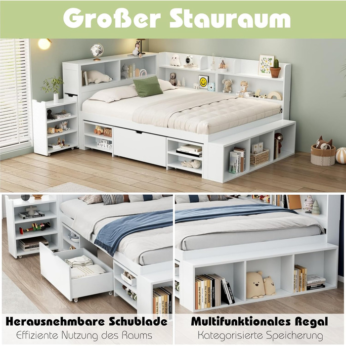 Дитяче ліжко 90x200 з ящиками, полицями та бар'єром, функціональне ліжко з дерева, без матраца, біле