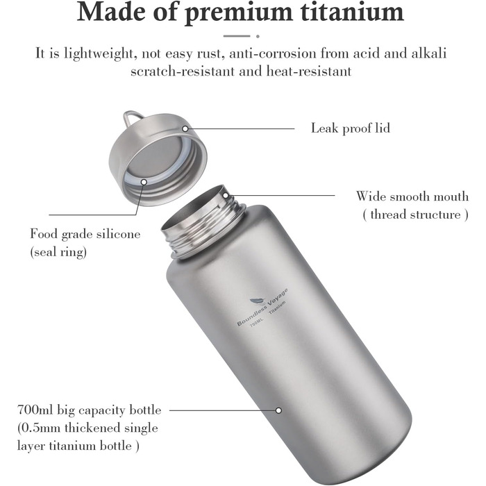 Безмежна подорож Титанова пляшка 1 л одношарова спортивна пляшка для води 750 мл чашка Ультралегкий герметичний посуд для пиття Кемпінг на відкритому повітрі Походи (пляшка 1 л/ручний горщик 750 мл) (лише 700 мл)