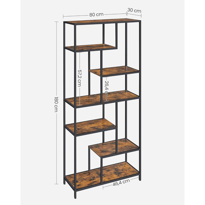 Етажерка на 6 полиць, 30x80x180 см, чорнило чорне вінтажне коричневе, ДСП, сталь