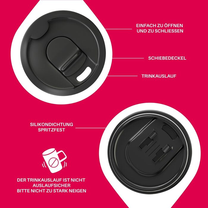 Кружка для кави та чаю Ideus® 470 мл з подвійними стінками, з нержавіючої сталі, з антиковзним руків'ям та кришкою-модулем, великий об'єм (Червоно-зебра)