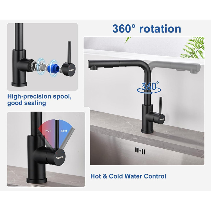 Змішувач WOOHSE Кухонний висувний, кухонний змішувач, що обертається на 360, з душем Висувний змішувач для раковини високого тиску з 2 типами струменя, змішувач з нержавіючої сталі, матовий, змішувач для кухні (Nd-чорний матовий)
