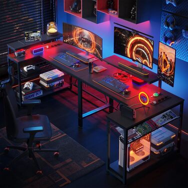 Ігровий кутовий стіл Bestier L-подібної форми з LED-підсвічуванням, розетками, 2 полицями та гачками – кутовий стіл для комп'ютера, офісу, спальні та геймінгу 106 x 80 см, 3D-вуглецеве волокно чорного кольору