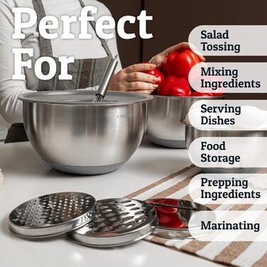 Набір міксерів PriorityChef з нержавіючої сталі з кришками, 3 насадки-терки, герметичні кришки, силіконова антиковзаюча основа, великі кухонні миски для приготування їжі, зелений (сірий)