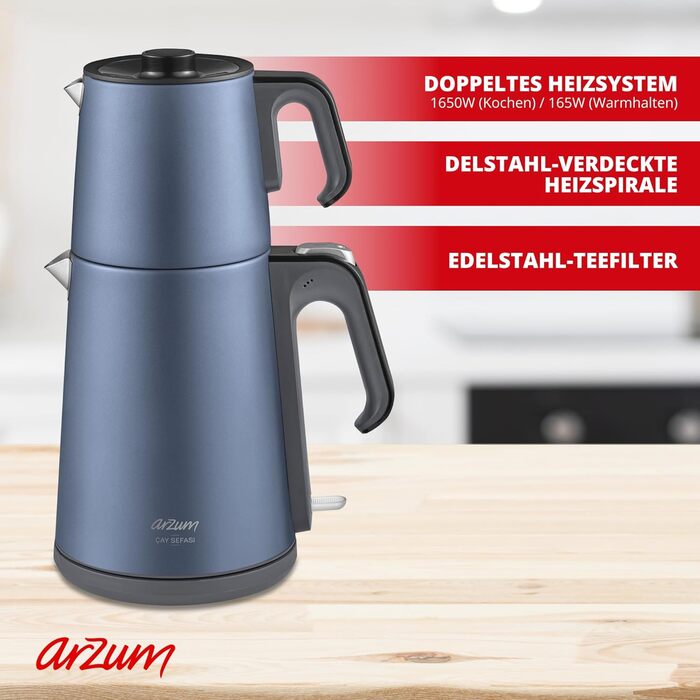 Арзум Ehlikeyf - електрочайник та турка для приготування турецького чаю, 2200W, 3,5л, 1,2л, нержавіюча сталь, регулювання температури, захист від сухого кип'яття, блакитний