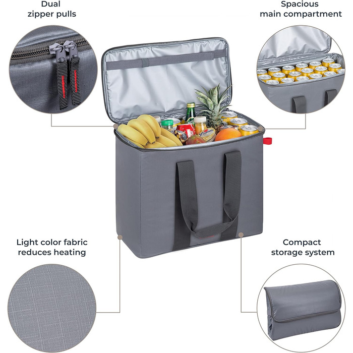 Зручна складна сумка-холодильник RESTO 5.5 л, 11л, 23л, 30л ланч-бокс для жінок та чоловіків, холодної та гарячої їжі - водонепроникна ізольована сумка для офісу, школи, подорожей - зручна термосумка на ходу, сіра (30 л, сіра)