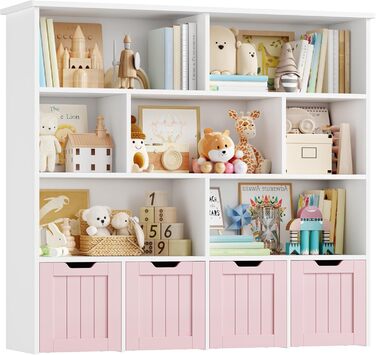 Дитяча полиця FOREHILL з коробками на колесах, 4 яруси, меблі для дитячої кімнати, іграшковий та книжковий стеллаж, рожевий, 125.5x33x118 см