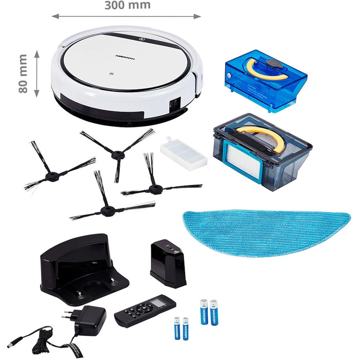 Робот-пилосос MEDION з функцією миття підлоги (90 хв роботи, 2-в-1, для твердих підлог, килимів, плитки, ламінату, оптимізований для шерсті тварин, повернення на зарядну станцію, MD 18501) білий