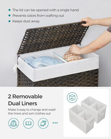 Кошик для білизни Songmics з кришкою, 90 л, з 6 мішечками, з лози, коричневий