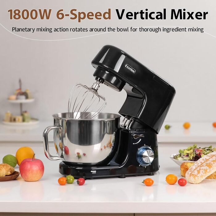 Потужна кухонна машина 1800W з великою чашею 7.2 л з нержавіючої сталі, міксер, насадки для тіста, збивання та взбивання