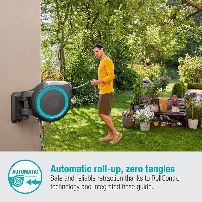 Шланг садовий Gardena RollUp L (бірюзовий) 30 м: гнучкий полив для великих садів, поворотна коробка для шланга, з шлангом Gardena 30 м та монтажними аксесуарами (18625-20)