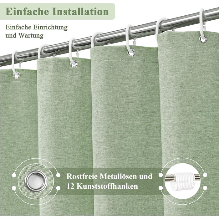 Шторка для душу EurCross з льону, текстурована, зелена, 180x200 см, для ванної кімнати, текстильна, важка, водонепроникна, з 12 кільцями, антибактеріальна, для готелів, поліестер, миється, штора для душу, зелена H200 x B180 см (1 шт.)
