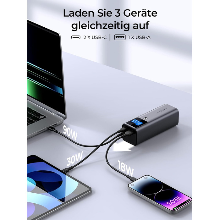 Вт, 27600 мАг Power Bank USB C Вхід і вихід Зовнішні акумулятори для мобільних телефонів PD 3.1, Цифровий дисплей, для ноутбуків, планшетів, смартфонів, навушників та інших пристроїв, 140