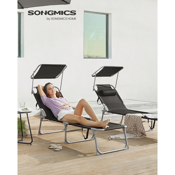 Лежак для відпочинку SONGMICS, розкладний, 193 x 53 x 29 см, до 150 кг, захист від сонця, подушка, регульована спинка, для саду, басейну, тераси (Чорний)