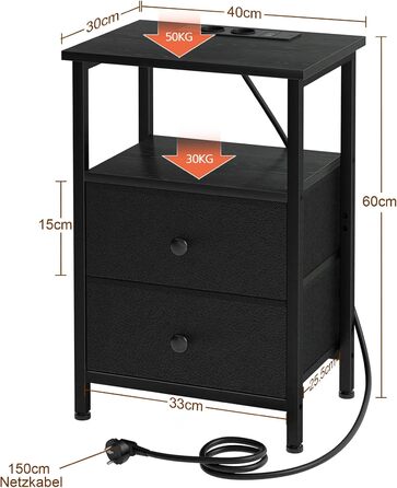 Нічний столик AMHANCIBLE з підзарядкою, приліжний столик з висувними ящиками з тканини, журнальний столик з відкритою полицею, з 2 USB-портами та 2 розетками, для спальні та вітальні, HETS020GY-1 (Чорний)