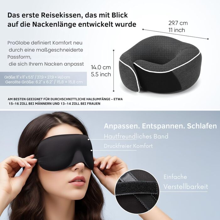 Подушка для шиї ProGlobe, 100% Memory Foam, ортопедична, для подорожей (літак, авто, поїзд), з маскою для сну, сітчаста сумка (темно-сірий)