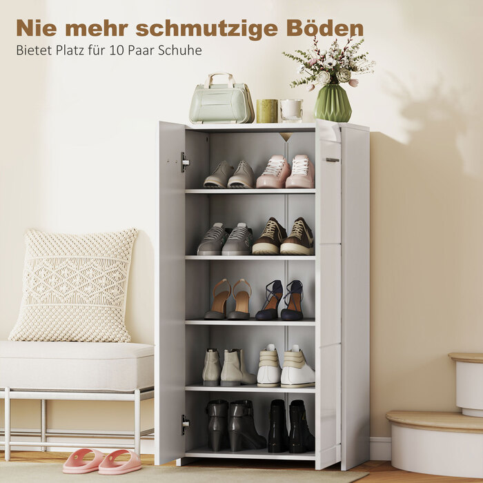 Шафа для взуття з глянцевим покриттям, органайзер для взуття з регульованими полицями для передпокою, коридору, вміщує до 10 пар, білий