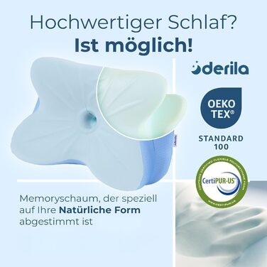 Ергономічна подушка для шиї та голови Derila з ефектом пам'яті (Memory Foam), ортопедична підтримка для сну на боці, спині та животі, 54x36x12 см