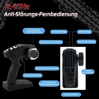 RC Автомобіль Monstertruck 1/14 4WD, 40 км/год, 2 батареї, 7 кольорів підсвічування, Водонепроникний, для дітей та дорослих, Чорний