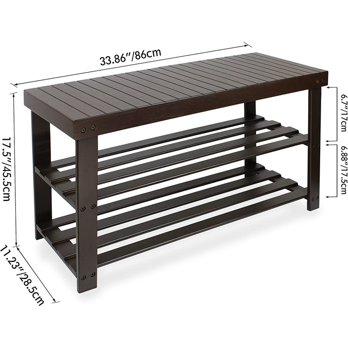 Лавка для взуття SMIBUY, бамбукова полиця для взуття, 3 поверхи, органайзер для взуття, полиця для зберігання речей в передпокої, ванній, вітальні ,передпокої (86 х 28,5 х 45,5 см (Ш х В х Г), темно-коричневого кольору)