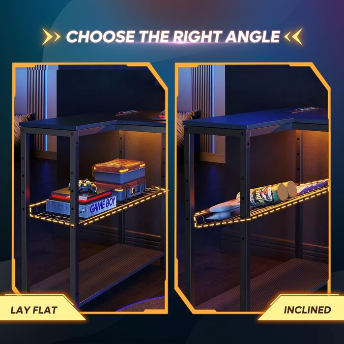 Ігровий кутовий стіл Bestier L-подібної форми з LED-підсвічуванням, розетками, 2 полицями та гачками – кутовий стіл для комп'ютера, офісу, спальні та геймінгу 106 x 80 см, 3D-вуглецеве волокно чорного кольору