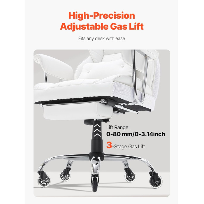 Крісло офісне VEVOR з PU шкірою, біле, для начальника з підніжкою, регульоване по висоті, до 181,43 кг, 860 x 610 мм, поворотне